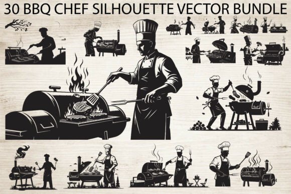 BBQ Chef Silhouette Bundle: Elevate Your Culinary Crafts with 30 Premium Vector Designs