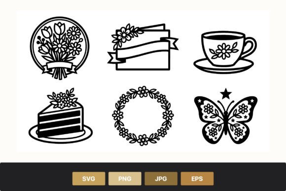 Elegant Floral Bouquet, Card & Cake Icons