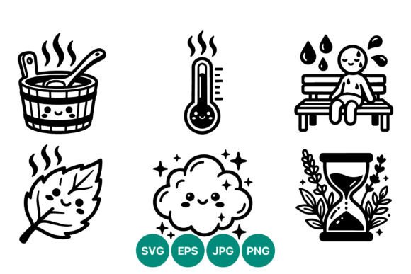 Sauna Black White Cute Icon Set Guide